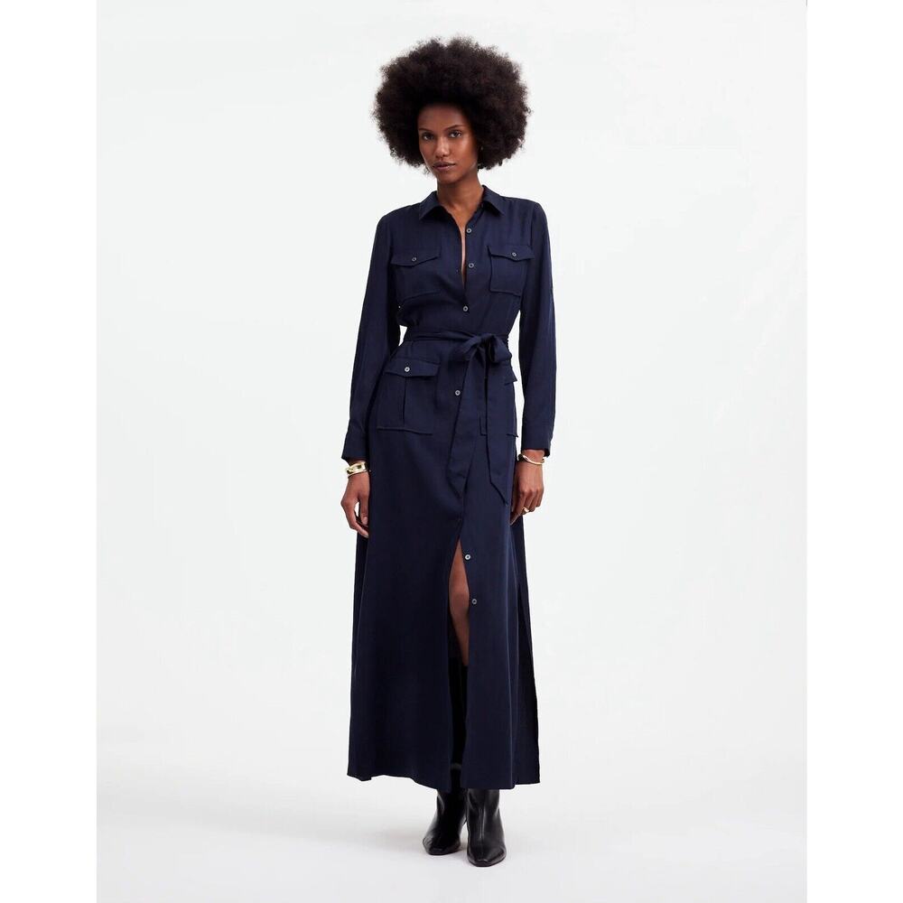 Madewell Utility‎ Tie Waist Maxi Shirtdress Navy Small Belted Work Casual NT565
